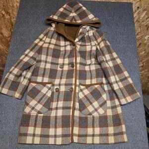 Vintage 60s 70s Plaid Hooded Wool Coat Womens M Pile Lined Union Made ILGWU USA
